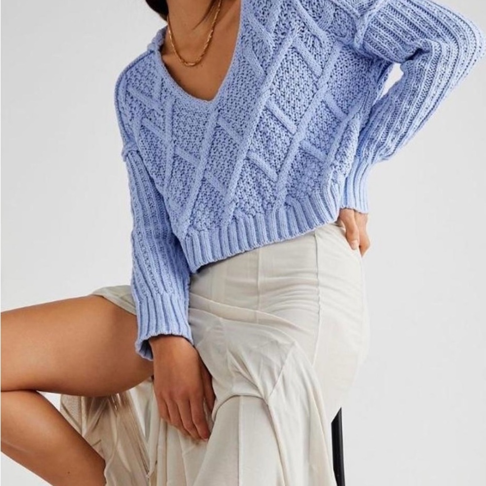 Free People Light Blue Traveler’s Cable Knit Sweater size small